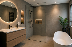 Moderne badkamer renovatie met inloopdouche en luxe afwerking